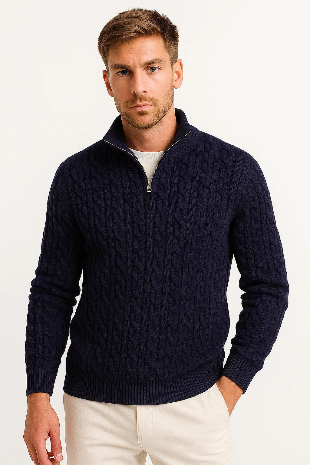 Herren Strickpullover Frühling Zopfmuster Reißverschluss - IdealeKleiden