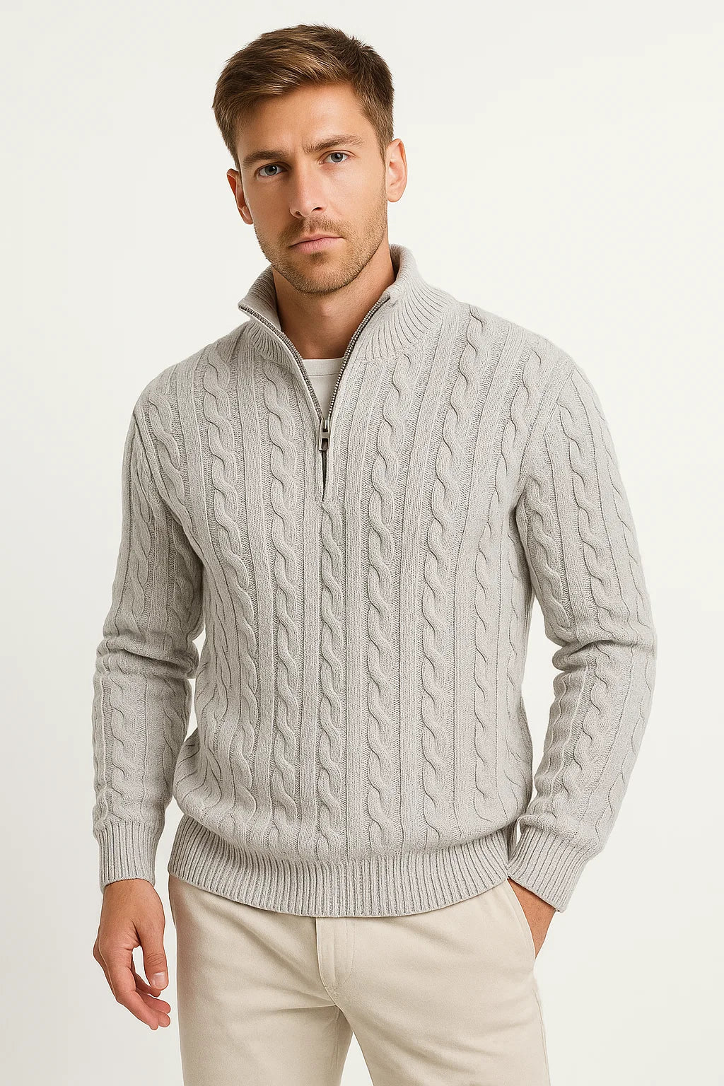 Pull en tricot torsadé à col zippé pour homme, printemps