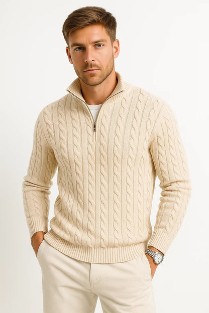 Pull en tricot torsadé à col zippé pour homme, printemps