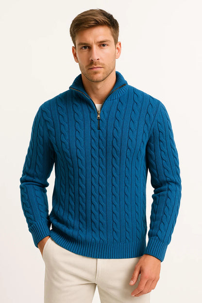Pull en tricot torsadé à col zippé pour homme, printemps