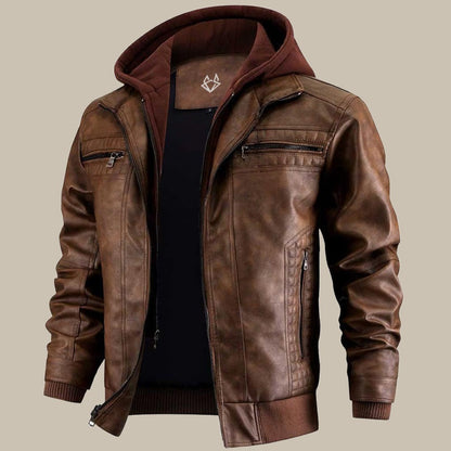 Blouson en cuir pour homme à capuche avec fermeture éclair
