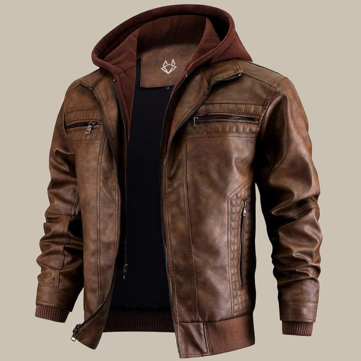 Blouson en cuir pour homme à capuche avec fermeture éclair