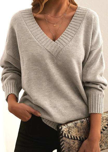 Damen Pullover V-Ausschnitt Langarm Rippborte - IdealeKleiden