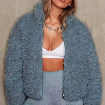 Veste en laine chaude pour femme avec fermeture éclair et col montant
