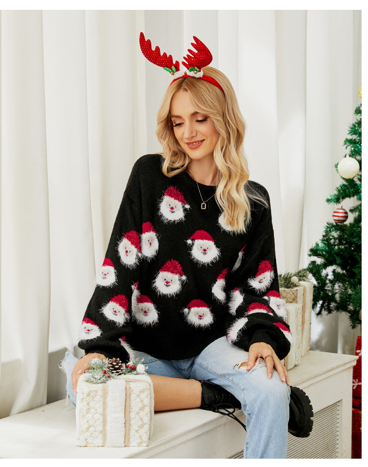 Robe de Noël tricotée pour femme Col rond Motif Père Noël
