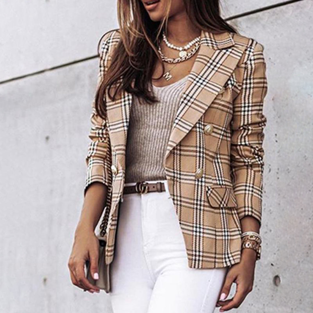 Blazer élégant motif carreaux forme cintrée