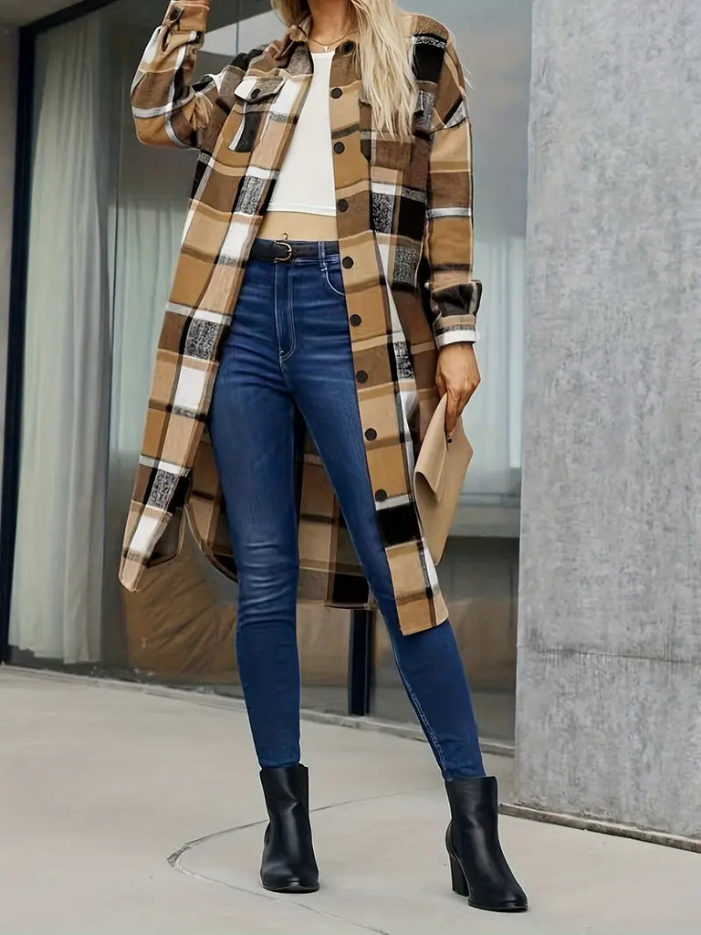 Manteau long à carreaux Chic d'Automne Moderne Décontracté