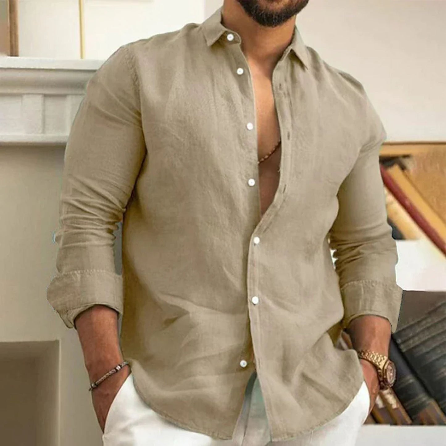 Chemise légère en lin à manches longues et col