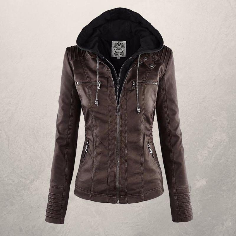 Veste en cuir femme slim fit à capuche
