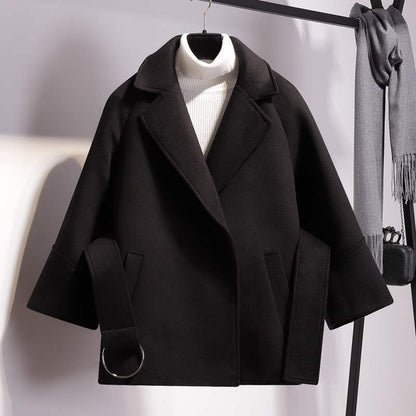 Parka court pour femme en laine, veste d'hiver avec ceinture large