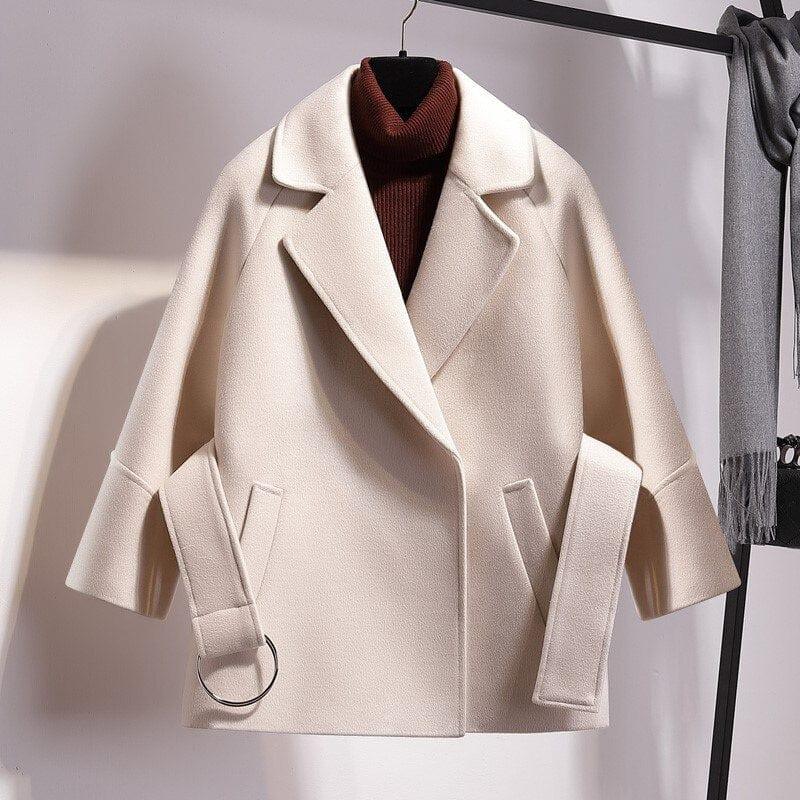 Parka court pour femme en laine, veste d'hiver avec ceinture large