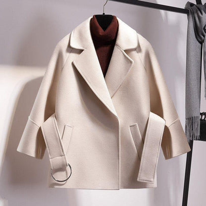 Parka court pour femme en laine, veste d'hiver avec ceinture large