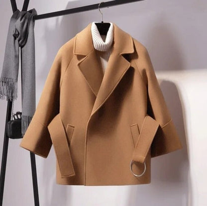 Parka court pour femme en laine, veste d'hiver avec ceinture large
