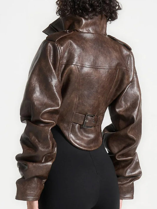 Kunstleder Bikerjacke Kurz Schnitt - IdealeKleiden