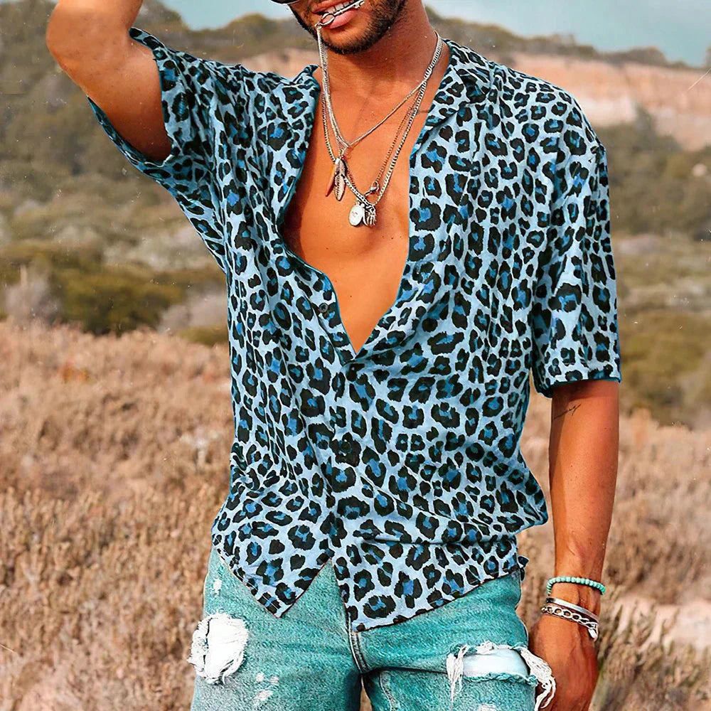 Herren Sommerhemd Leopard Muster Kurzarm - IdealeKleiden