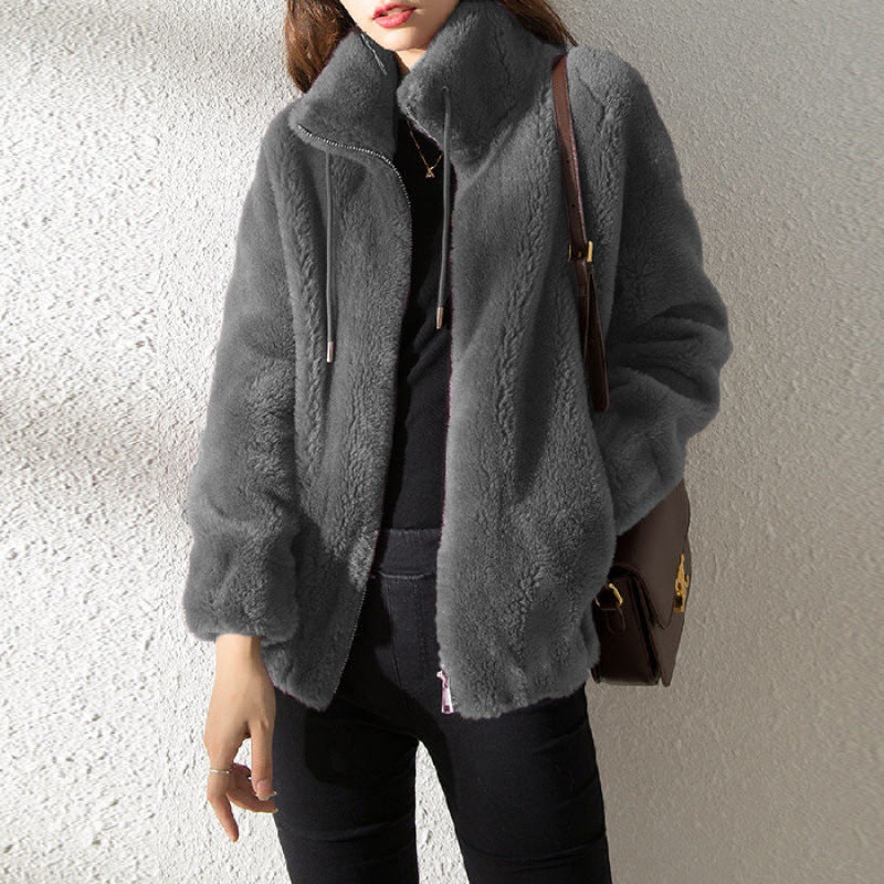 Veste polaire douce pour femme avec col montant et fermeture éclair