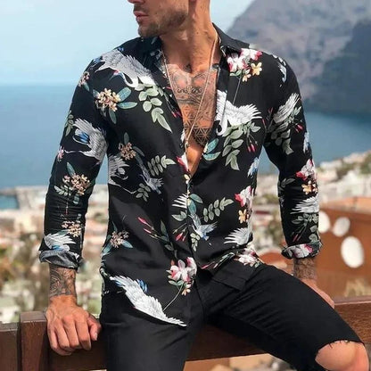 Chemise hawaïenne boutonnée à manches longues pour homme
