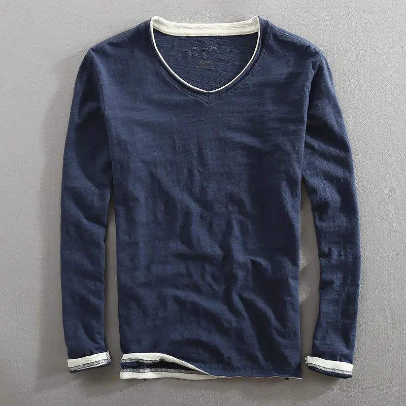 T-shirt col V manches longues en lin pour hommes
