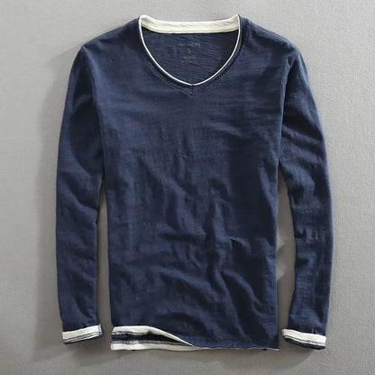 T-shirt col V manches longues en lin pour hommes