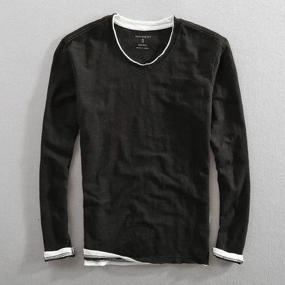 T-shirt col V manches longues en lin pour hommes