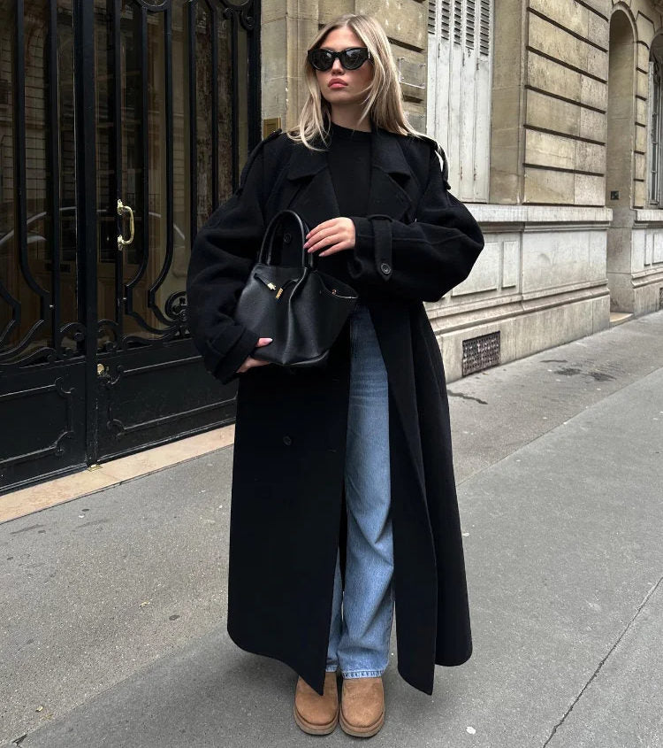 Manteau d'hiver femme oversize long en laine avec col élégant
