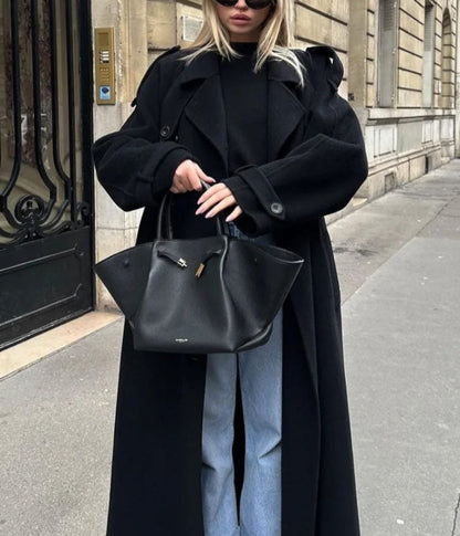 Damen Winterjacke Oversized Lang Wollmantel Eleganter Kragen - IdealeKleiden