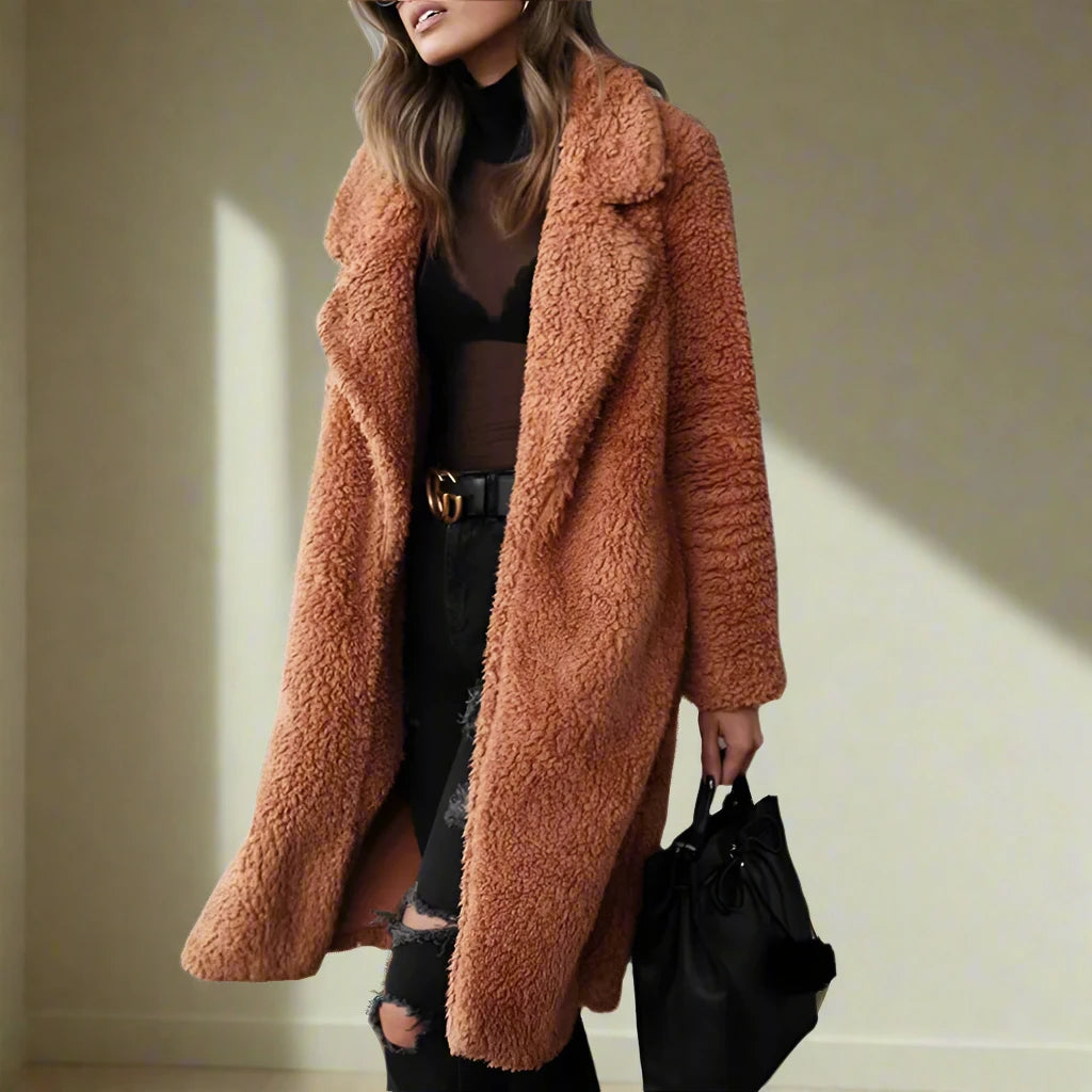Manteau élégant en fausse fourrure pour femme avec col à revers