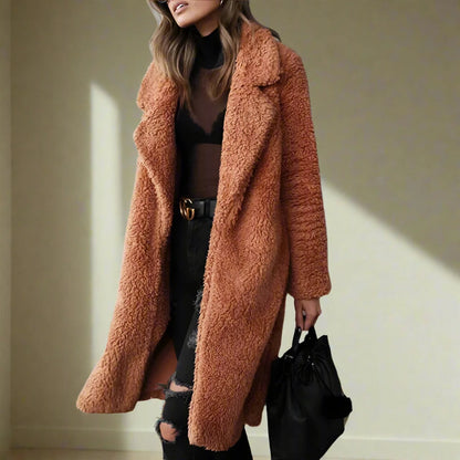 Manteau élégant en fausse fourrure pour femme avec col à revers
