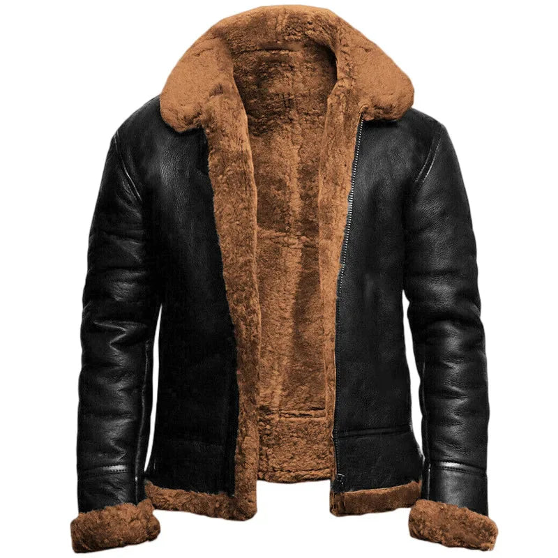Blouson en cuir doublé chaud zippé pour homme