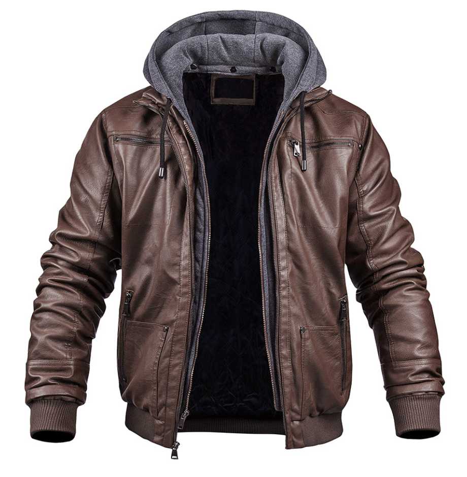 Blouson en cuir pour homme, hiver, à capuche, fermeture éclair