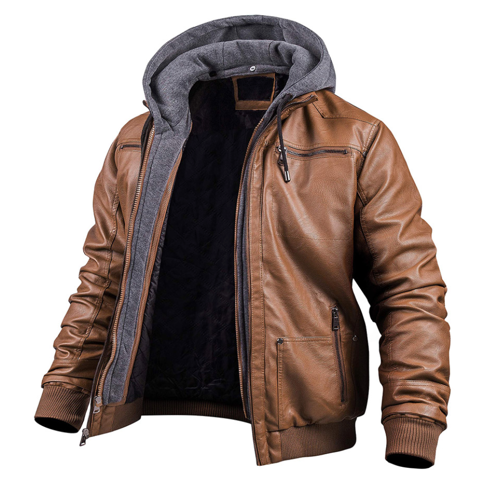 Blouson en cuir pour homme, hiver, à capuche, fermeture éclair
