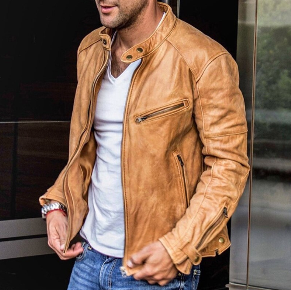 Blouson en cuir pour homme style motard avec fermeture éclair