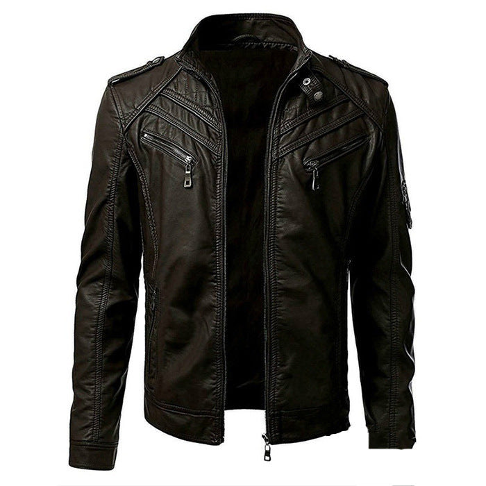 Blouson en cuir pour homme, style motard, col montant