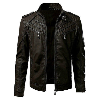 Blouson en cuir pour homme, style motard, col montant