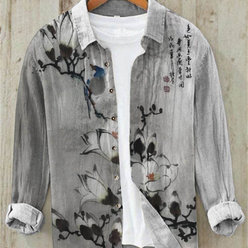 Chemise en lin à manches longues imprimée pour homme