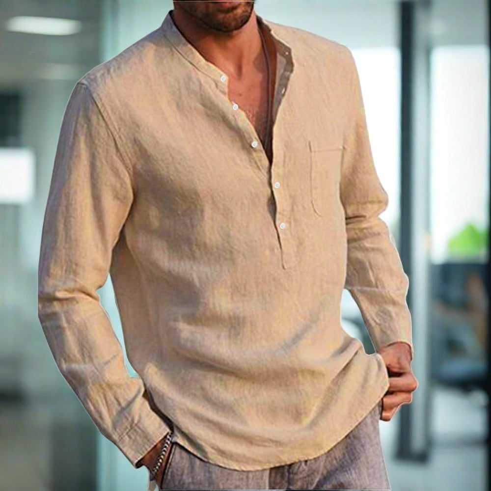 Chemise en lin à manches longues pour hommes avec poche poitrine