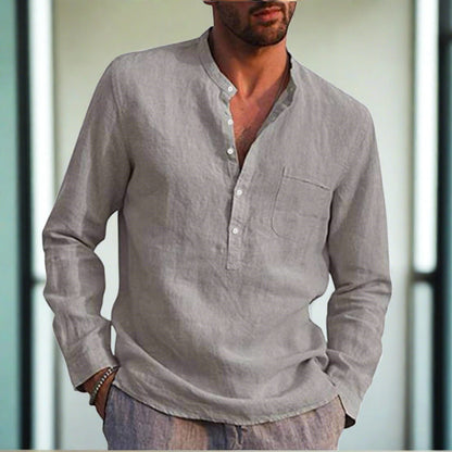 Chemise en lin à manches longues pour hommes avec poche poitrine