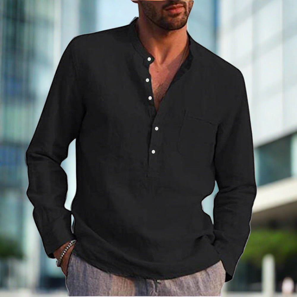 Chemise en lin à manches longues pour hommes avec poche poitrine