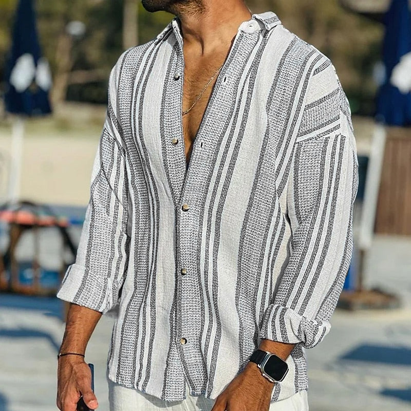 Chemise en lin rayée pour homme manches longues boutonnée