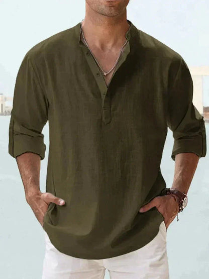 Chemise légère en lin à manches longues boutonnée pour homme