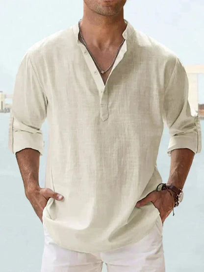 Chemise légère en lin à manches longues boutonnée pour homme