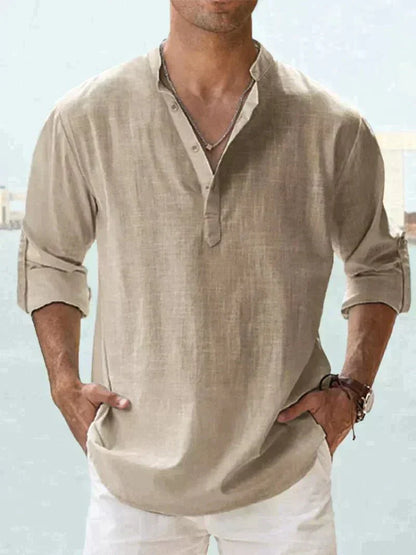 Chemise légère en lin à manches longues boutonnée pour homme