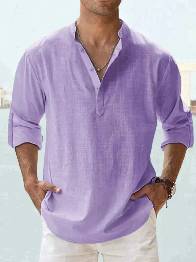 Chemise légère en lin à manches longues boutonnée pour homme
