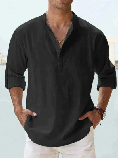 Chemise légère en lin à manches longues boutonnée pour homme