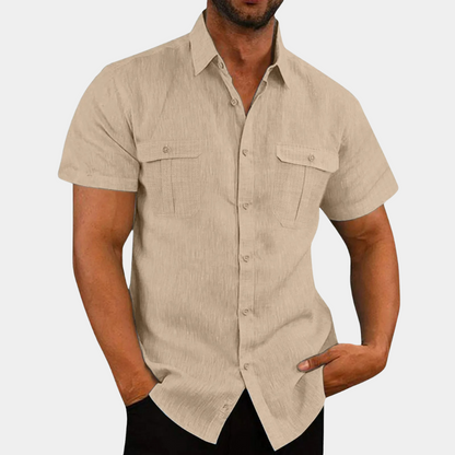 Chemise homme en lin à manches courtes et poches poitrine