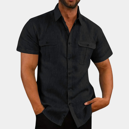 Chemise homme en lin à manches courtes et poches poitrine