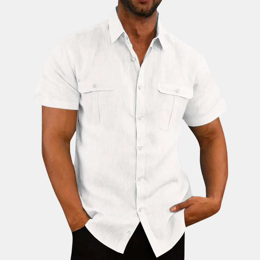 Chemise homme en lin à manches courtes et poches poitrine