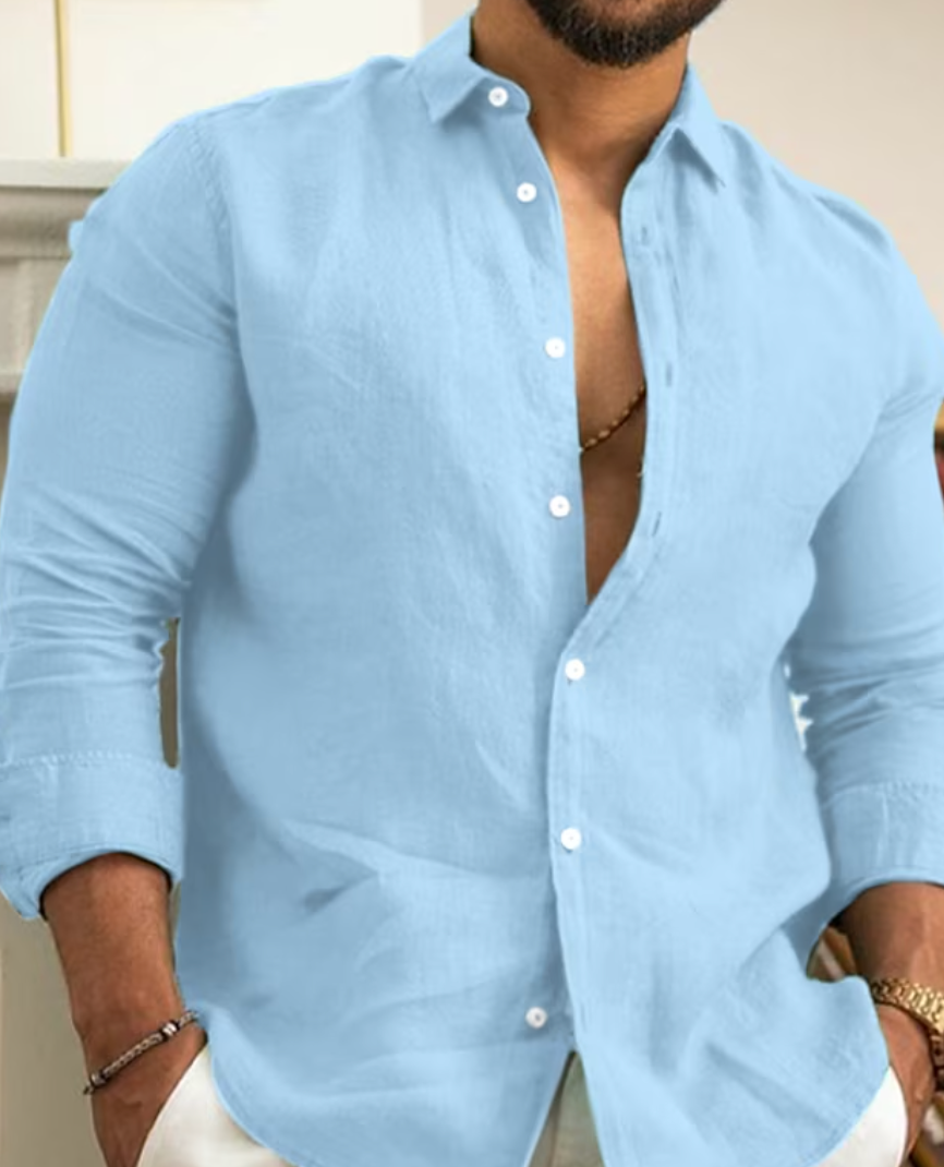 Chemise en lin légère pour homme à manches longues et col boutonné