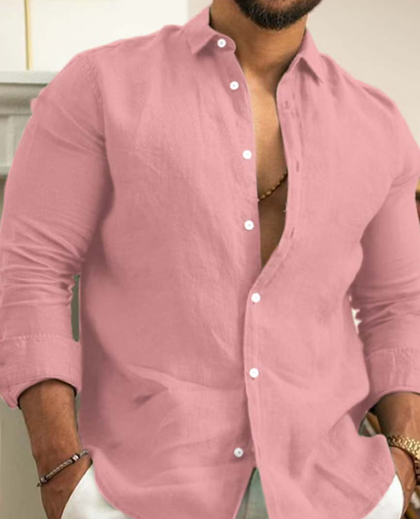 Chemise en lin légère pour homme à manches longues et col boutonné