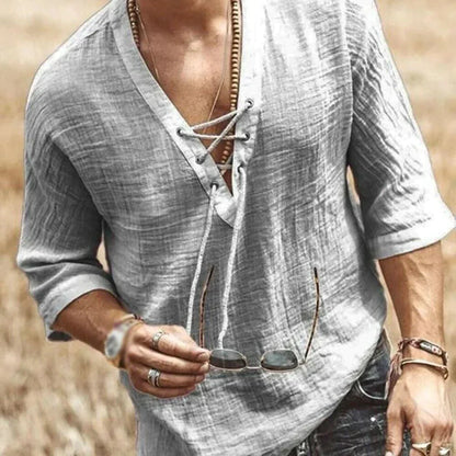Chemise en lin pour homme confortable col en V